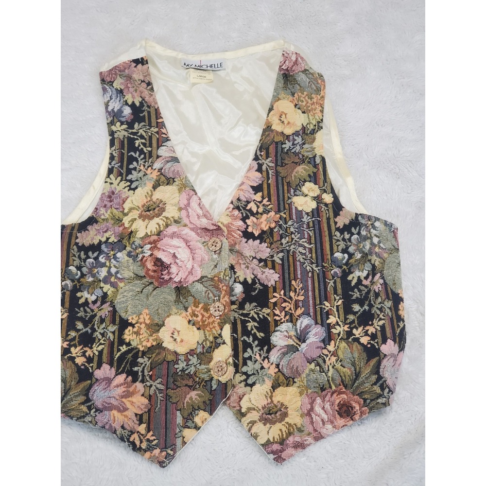 Vintage My Michelle Floral Tapestry Vest Junior Large Grandma Cottage Retro USA